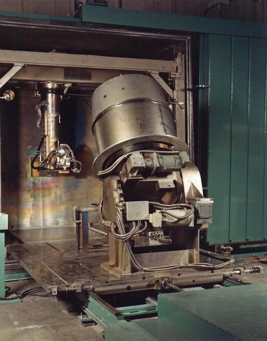 Manufactured in the mid-1980's, Leybolds' internal mobile-gun EB welding system with 7 mechanical axes and CNC interpolated motion.